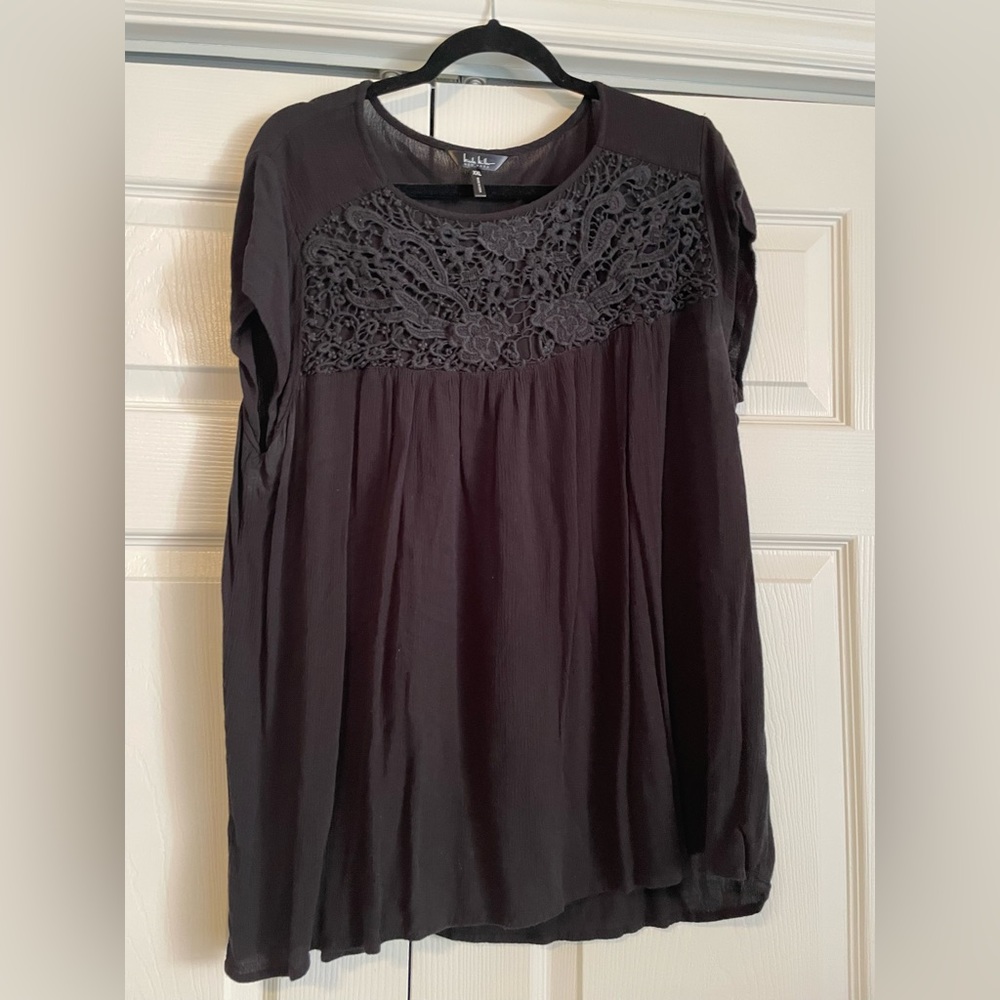Nicole Miller black cotton top with crochet detail